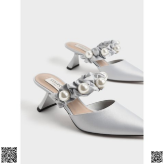 美國代購正品 Charles & Keith 珍珠緞麵穆勒鞋