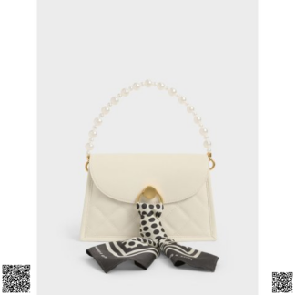 美國代購正品 Charles & Keith Cream Roza珍珠絲巾手提包