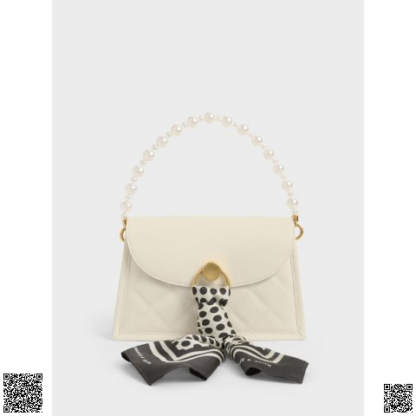 美國代購正品 Charles & Keith Cream Roza珍珠絲巾手提包