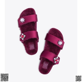 美國代購正品 Tory Burch CELIA TWO-BAND鑽扣毛絨涼鞋