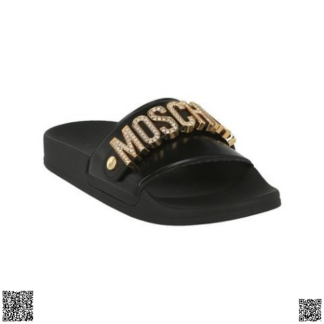 美國代購正品 Moschino Black & Goldtone 水晶logo拖鞋